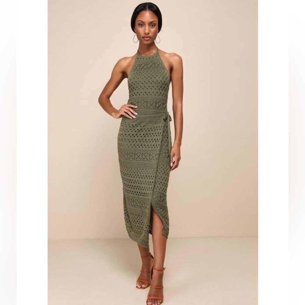 Lulus Blissful Strolls Olive Green Crochet Faux-Wrap Halter Midi Dress